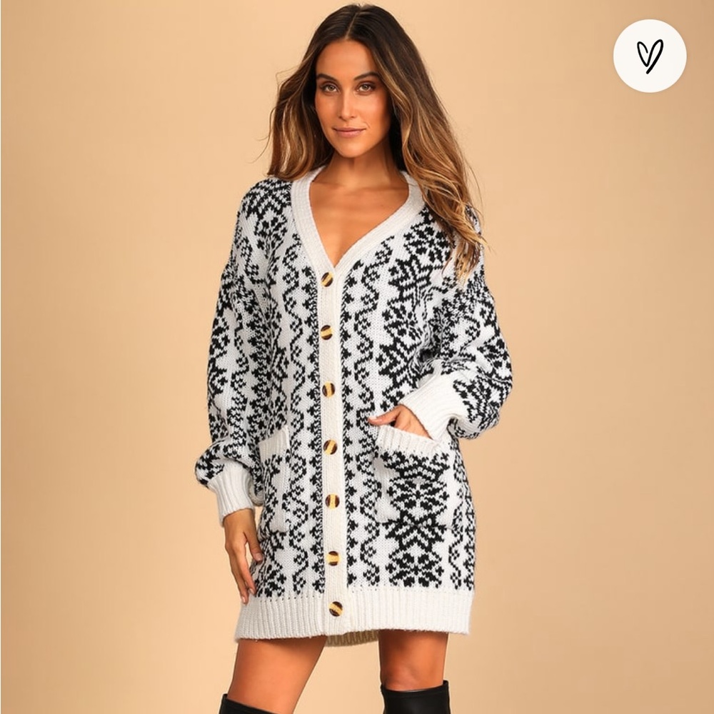 Snow Day Chic Black and White Multi Knit Cardigan Dress - NWT!